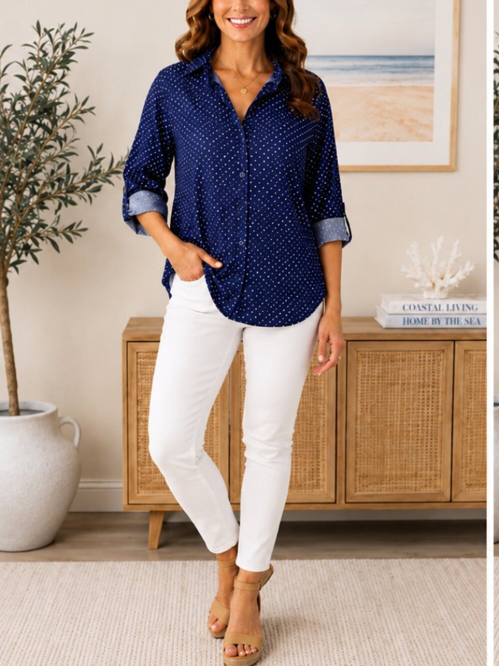 Gloria‎ Vanderbilt Amanda Shirt NWT Medium Blue Polka Dot Roll Tab Sleeve